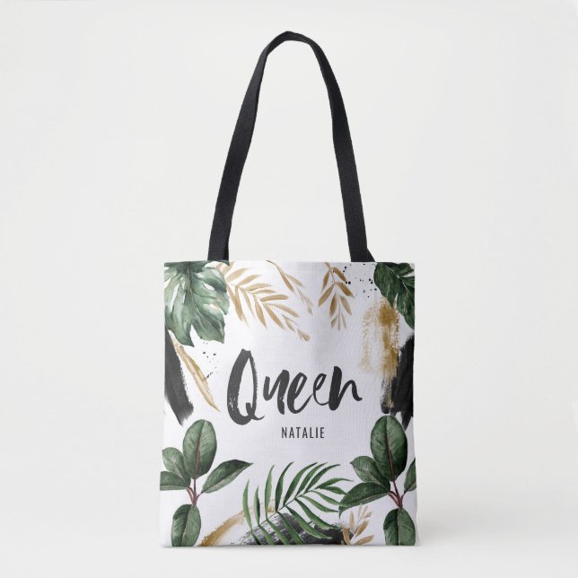 Bolso De Tela Hoja tropical y tipografía de la reina (Anverso)