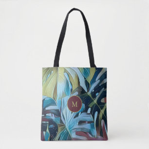 Bolso De Tela Hojas de Monstera Azul Monstrual Botánico con Mono