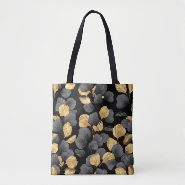 Bolso De Tela Hojas de oro y negro. Estampado (Anverso)