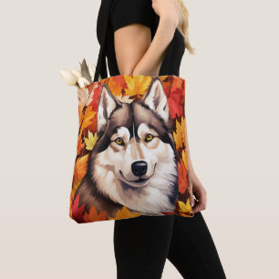 BOLSO DE TELA HOJAS DE OTÓÑO NARANJAS Y PERRO HUSKY SIBERIANO