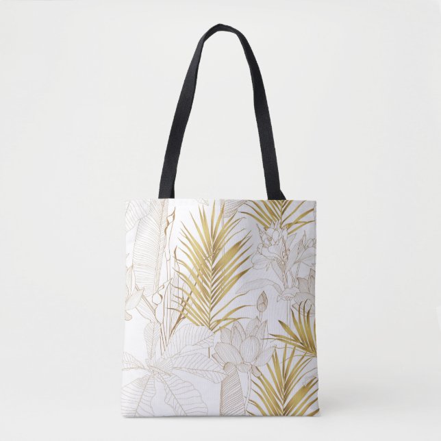Bolso De Tela Hojas de palma doradas de línea floral exótica tro (Anverso)