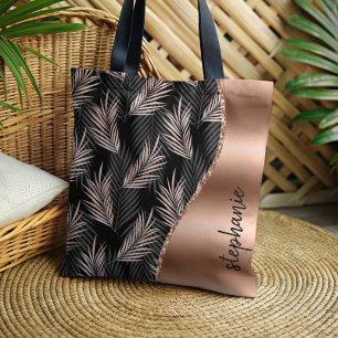 Bolso De Tela Hojas de Palma Glam Rosa Oro Negro Metálico Nombre