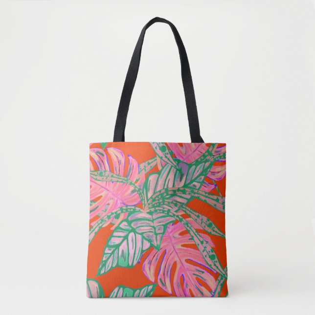 Bolso De Tela Hojas de palma y tote de fuego tropical de color (Anverso)