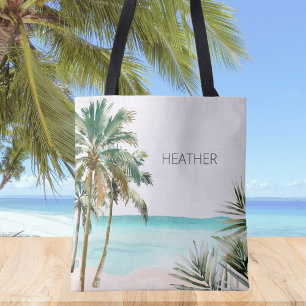 Bolso De Tela Hojas de palmera tropical con monograma Playa Azul