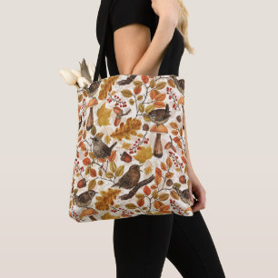Bolso De Tela Hojas otoñales, bayas, setas y venas