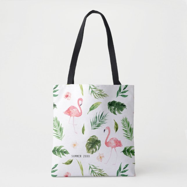 Bolso De Tela Hojas tropicales acuáticas y flamenco (Anverso)