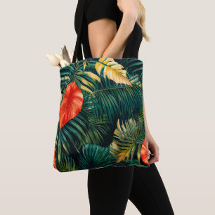Bolso De Tela Hojas Tropicales Coloridas y Flores de Hibisco
