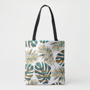 Bolso De Tela Hojas tropicales con estampado verde azulado y dor