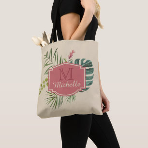 Bolso De Tela Hojas tropicales con nombre y monograma