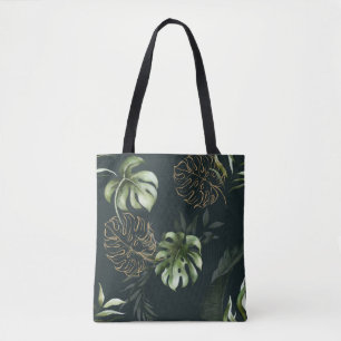 Bolso De Tela Hojas tropicales de oro: acuarela oscura