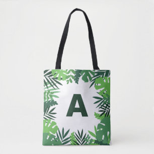 Bolso De Tela Hojas tropicales de palmera verde monograma floral
