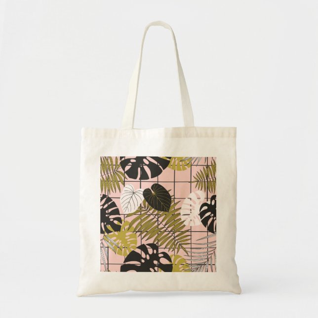 Bolso De Tela Hojas tropicales, flores, patrón pintado a mano. (Frente)