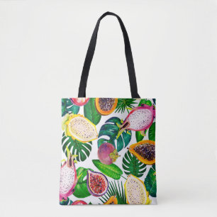 Bolso De Tela Hojas tropicales, frutas, gouache sin costura.