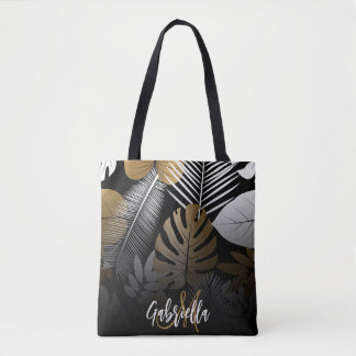 Bolso De Tela Hojas tropicales negras y doradas