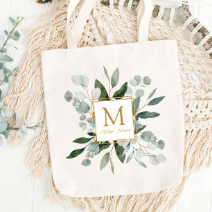 Bolso De Tela Hojas Verdes Tropicales de Acuarela con Monograma