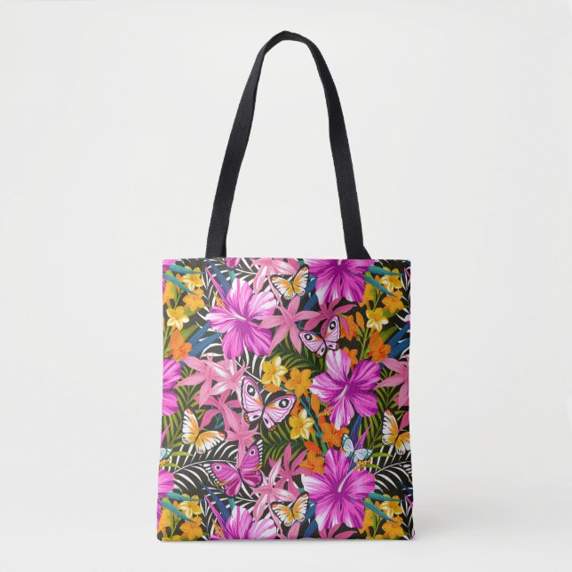 Bolso De Tela Hojas y flores tropicales (Anverso)