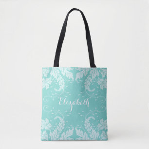 Bolso De Tela Hojas y Tote personalizado floral (aqua)