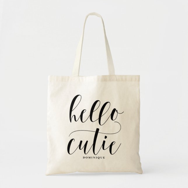 Bolso De Tela Hola Cutie Black Modern Caligraphy Personalizada (Frente)
