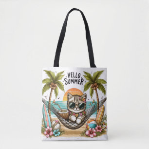 Bolso De Tela Hola Gato de Playa de Verano