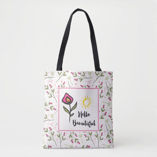 Bolso De Tela Hola Hermosa Bonito Flores y Sol (Anverso)