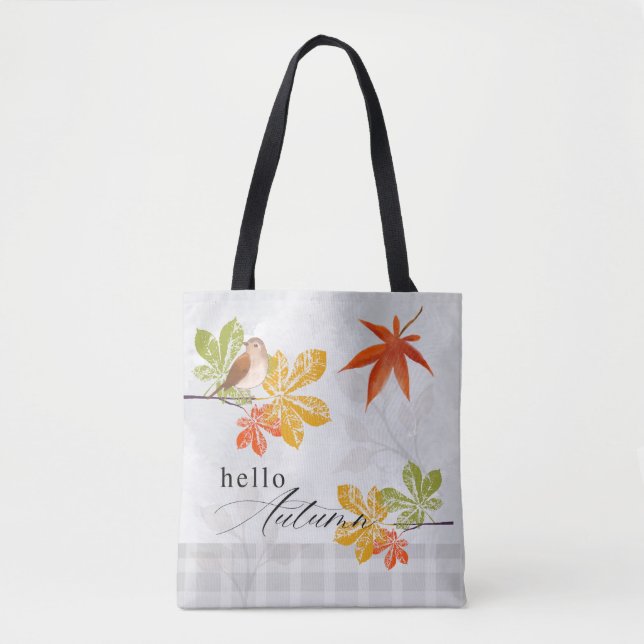 Bolso De Tela Hola otoño con hojas de aves y caídas (Anverso)