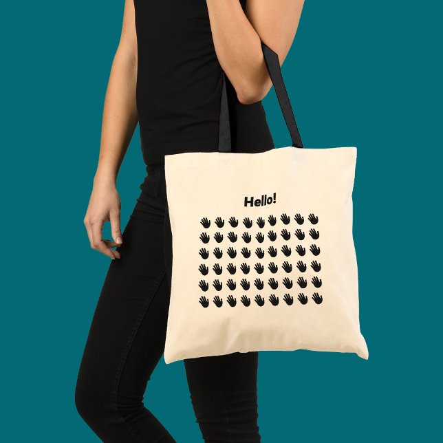 Bolso De Tela Hola patrón de mano que saluda Saludo amistoso (Tote bag from the "Just Wave" collection by Wave & Walk has a pattern of waving hands and a Hello.)