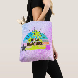 Bolso De Tela Hola playas sol, playa palmeras rosas plateadas