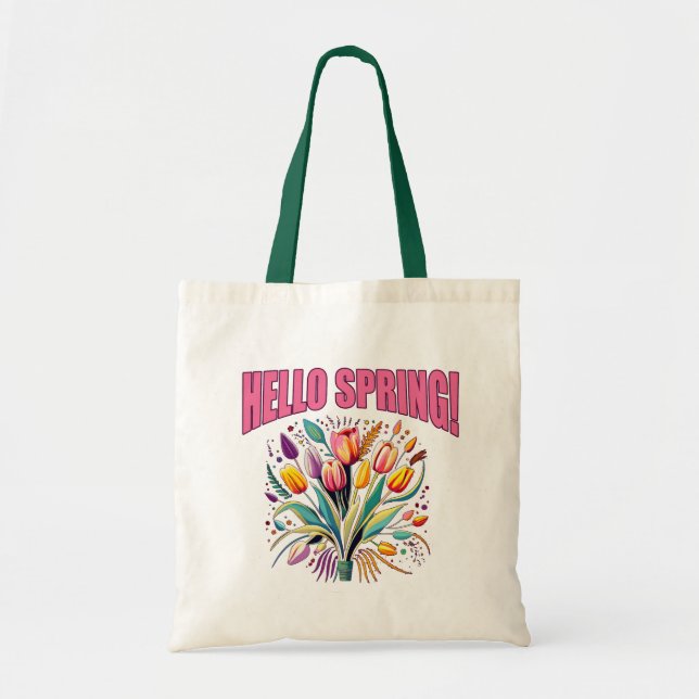 Bolso De Tela HOLA PRIMAVERA con TULIPANES (Frente)