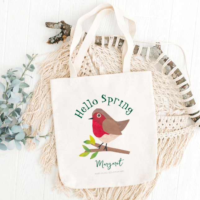 Bolso De Tela Hola Primavera Retro Personalizado Robin Cute Bird (The uplifting message "Hello Spring" appears in retro whimsical typography on this spring tote bag.)
