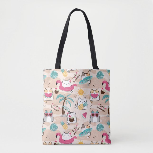 Bolso De Tela Hola surfista de gatos de verano Kawaii Kitty  (Anverso)