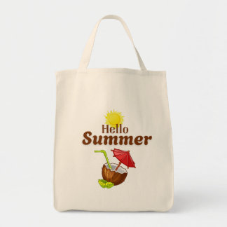 Bolso De Tela Hola Verano Amarillo Sol Coco Paraguas Rojo
