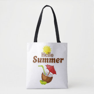 Bolso De Tela Hola Verano Amarillo Sol Coco Sombrilla Roja