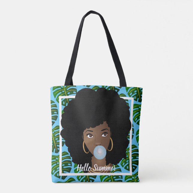Bolso De Tela Hola verano, mujer negra, hojas tropicales, azul (Reverso)