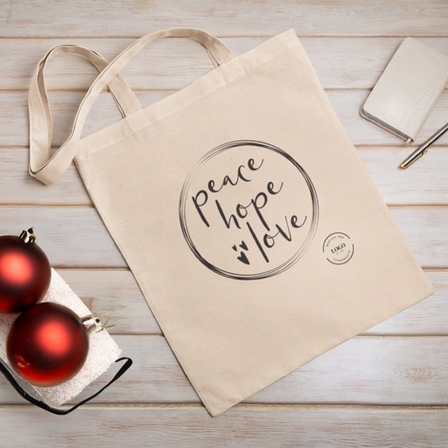 Bolso De Tela Holiday Tote Bag Add logo Peace hope love Xmas (Custom Peace, hope, love business logo holiday xmas tote shopping bag.)