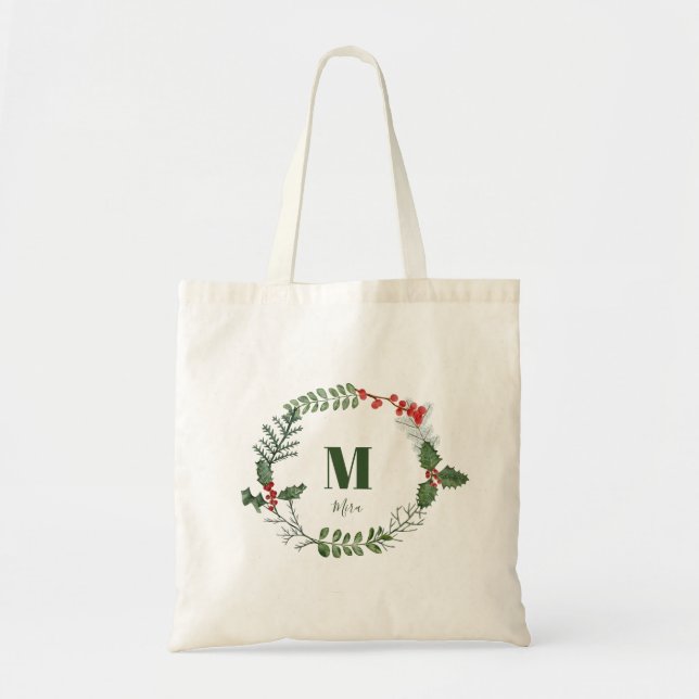 Bolso De Tela Holiday Wreath Greenery Berry First Personalizado (Frente)