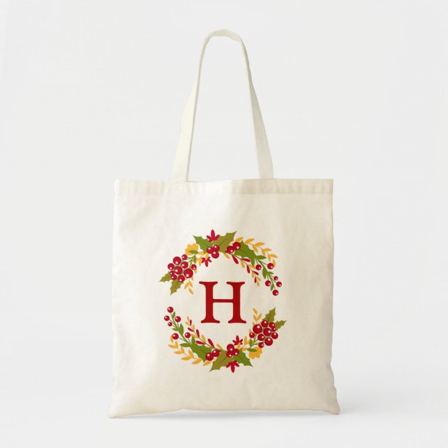 Bolso De Tela Holly Berries Wreath Monogrammed (Frente)