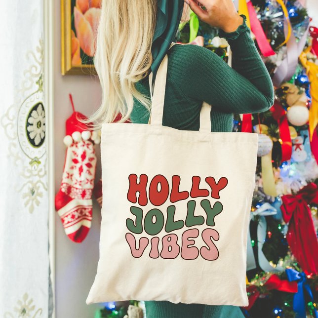 Bolso De Tela Holly Jolly Vibes | Navidades Groovy Retro (Subido por el creador)