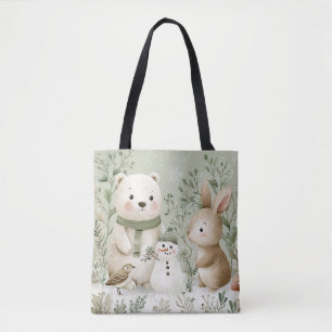 Bolso De Tela Hombre de nieve conejo oso bosque arbolado