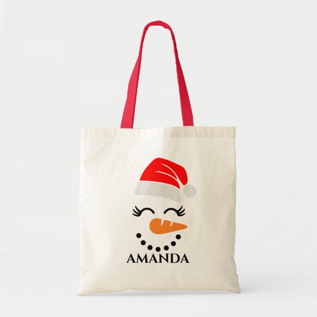 Bolso De Tela Hombre de nieve navidad personalizado con nombre p (Frente)