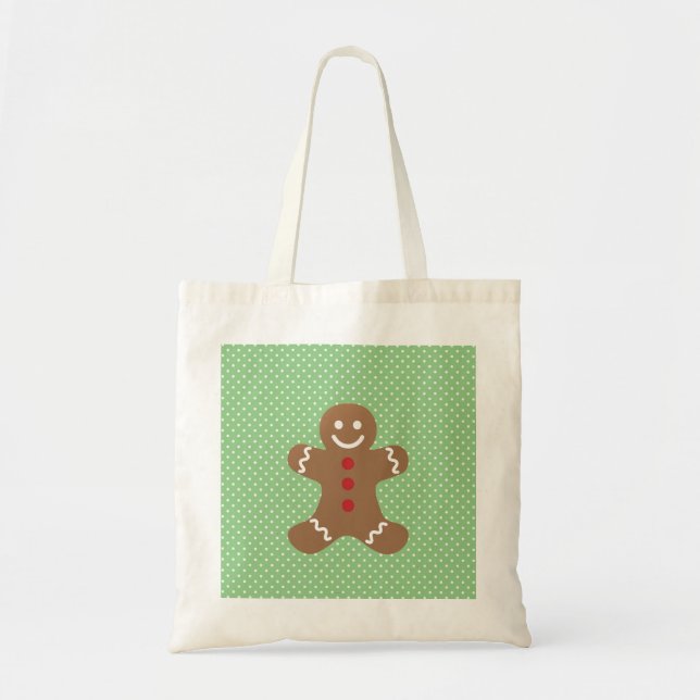 Bolso De Tela Hombre de pan de jengibre y puntos de polka verde (Frente)