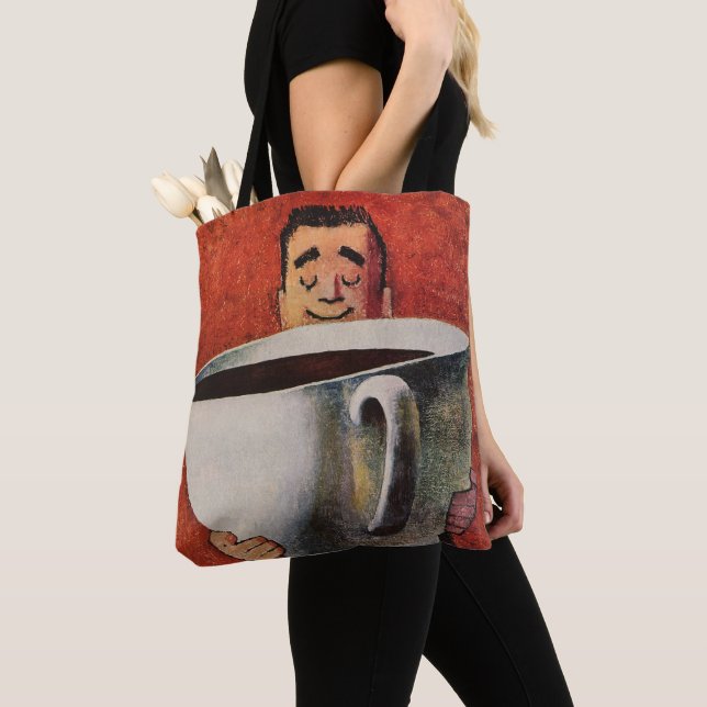 Bolso De Tela Hombre Feliz Antiguo Bebiendo Taza Gigante de Café (Detalle)