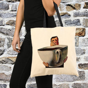 Bolso De Tela Hombre Feliz Antiguo Bebiendo Taza Gigante de Café