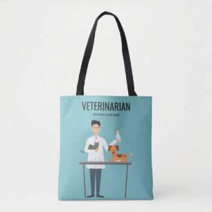 Bolso De Tela Hombre veterinario con animales y texto personaliz