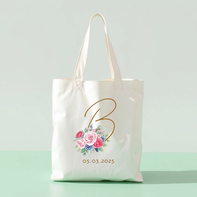 Bolso De Tela Honeymoon gift, Elegant floral bag with initial (Subido por el creador)