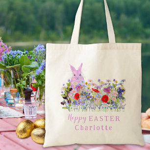 Bolso De Tela Hoppy Easter Egg Hunt Pink Bunny Wildflowers Nombr
