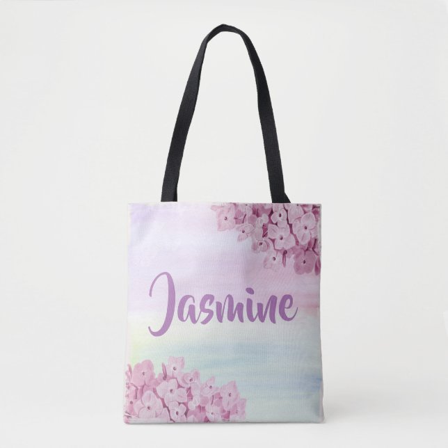 Bolso De Tela Hortensia Acuarela Rosa Pastel Bonito (Anverso)