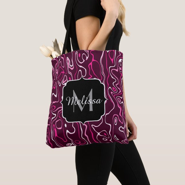 Bolso De Tela Hot pink damascus abstract swirls Custom Monogram (Detalle)