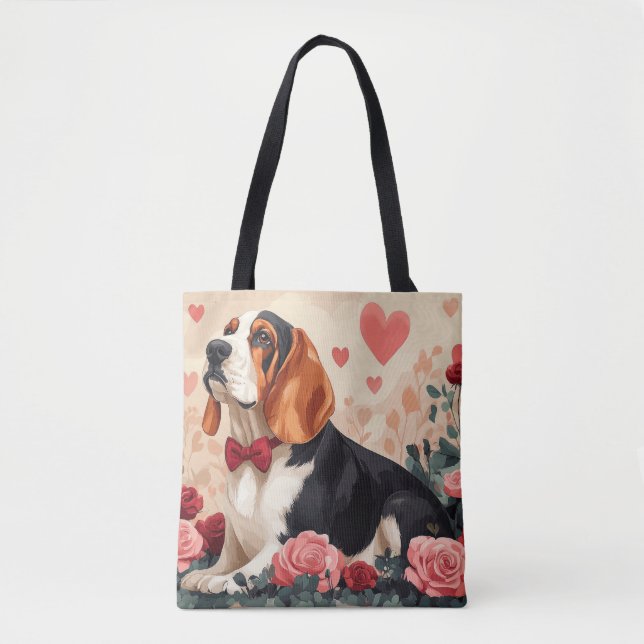 Bolso De Tela Hound Basset con Rosas - El día de San Valentín (Anverso)