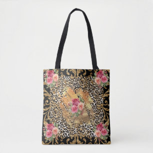 Bolso De Tela huella de leopardo con rosas y purpurina de oro