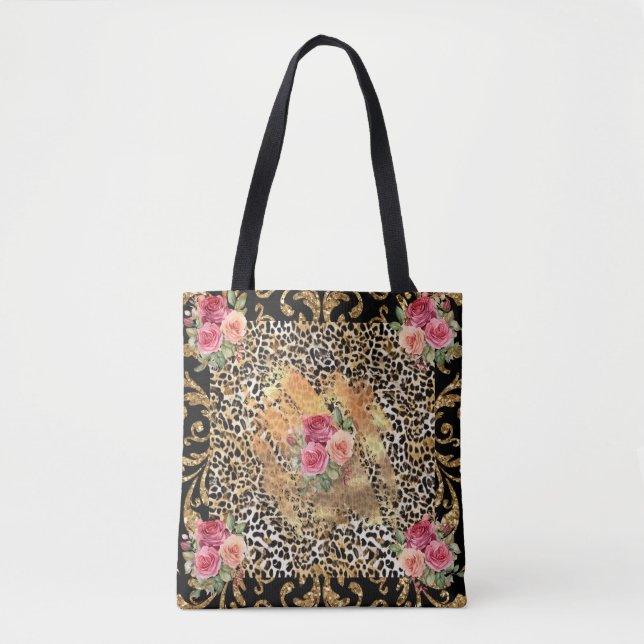 Bolso De Tela huella de leopardo con rosas y purpurina de oro (Anverso)